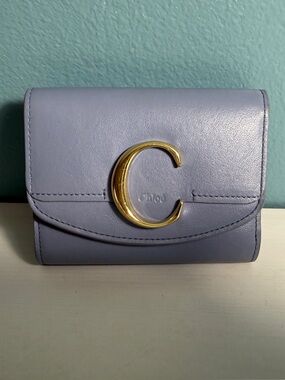 Authentic Chloé "Chloé C" Small Tri-Fold Leather Wallet – Lavender Blue / Gray